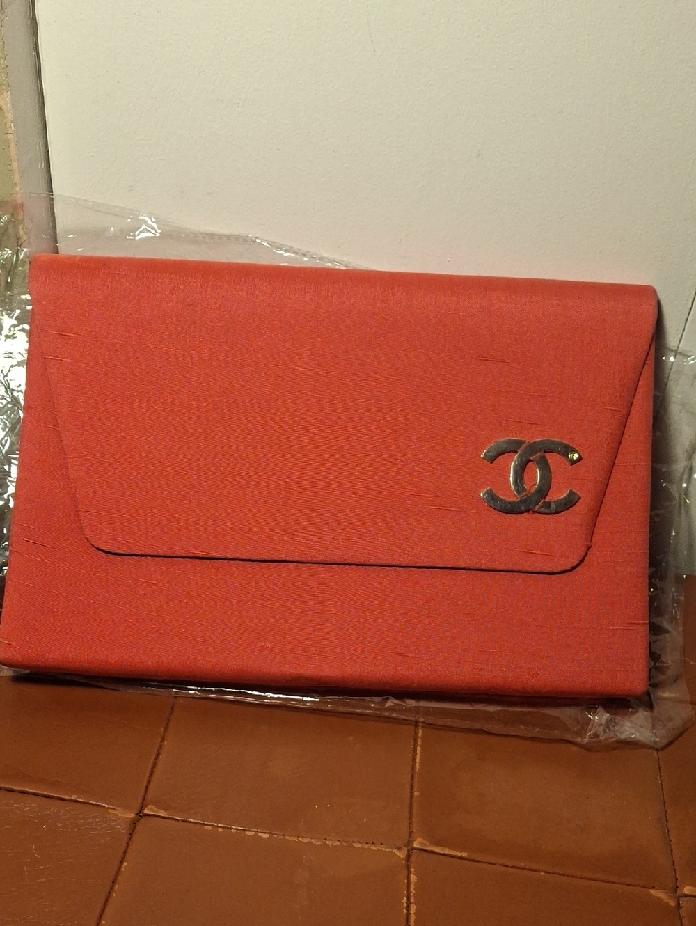 Upcycle CHANEL Gold Double C Logo Pin on Coral Silk Fabric